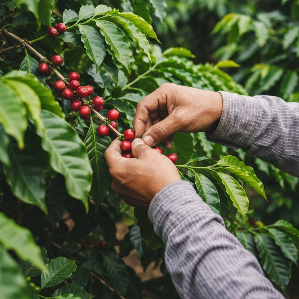 Hands picking ripe coffee beans
