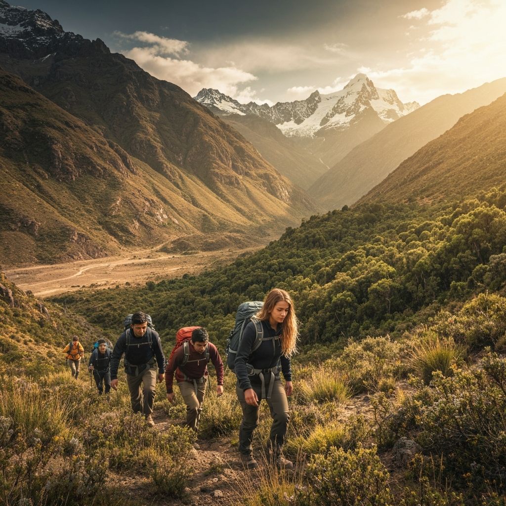 Hikers trekking through diverse Peruvian landscapes