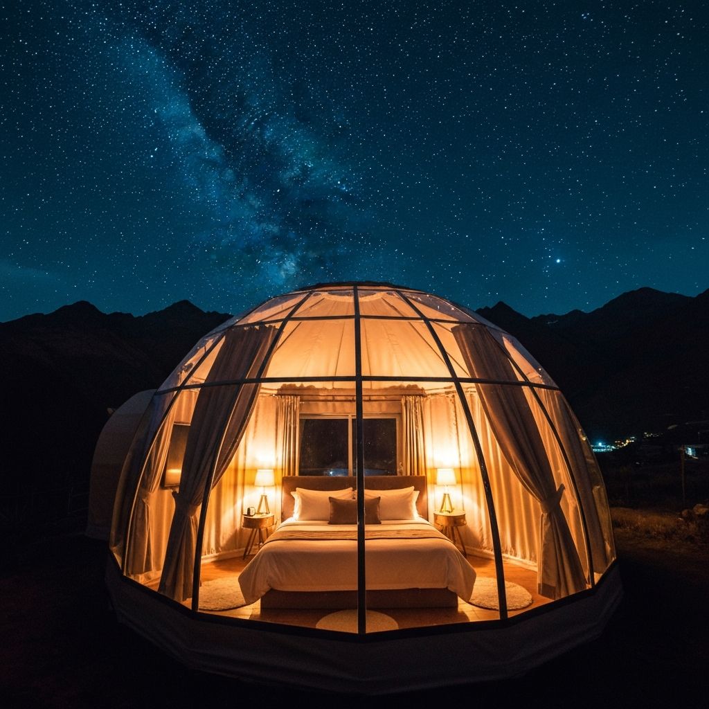 Glass dome glamping with starry night sky
