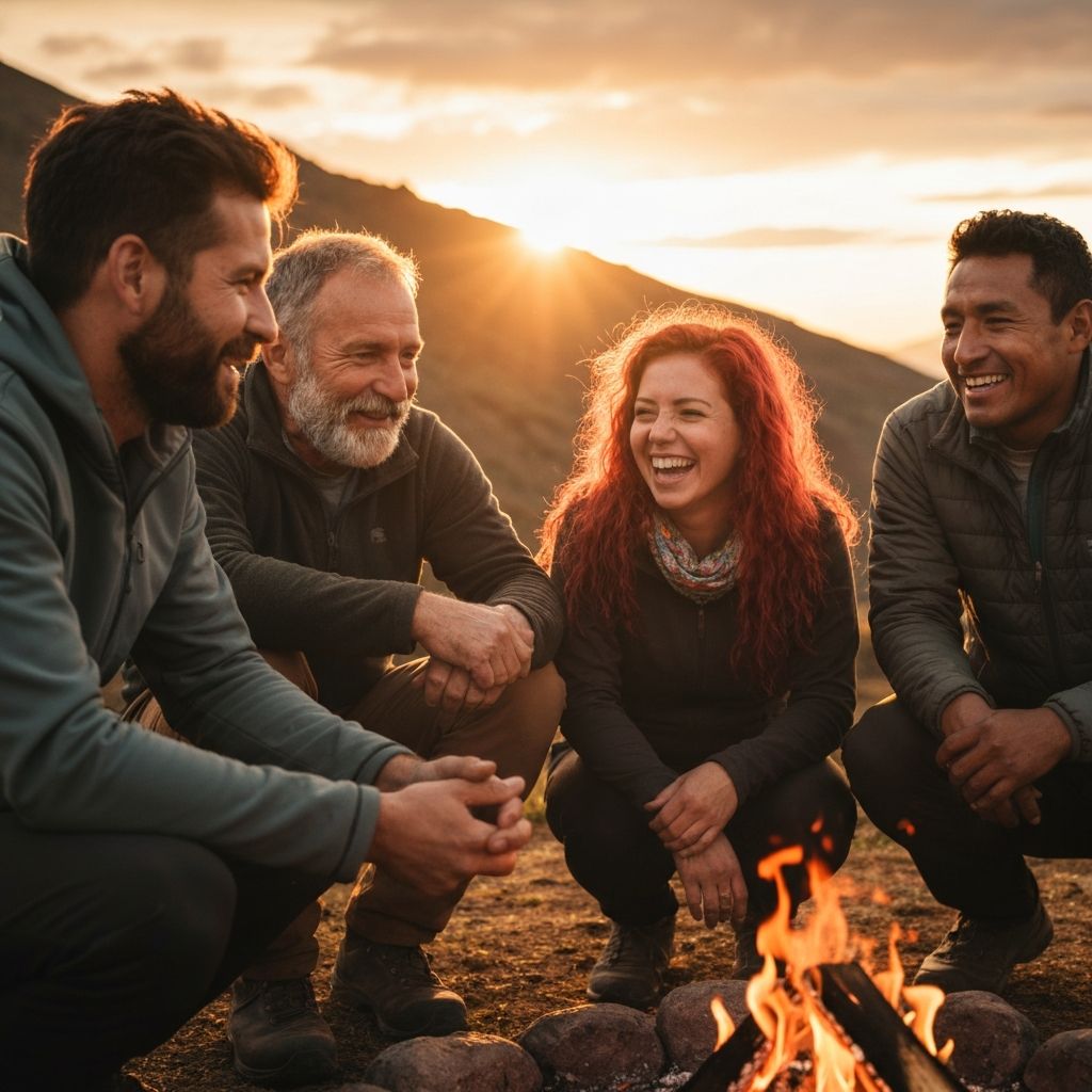 Group of travelers bonding around campfire