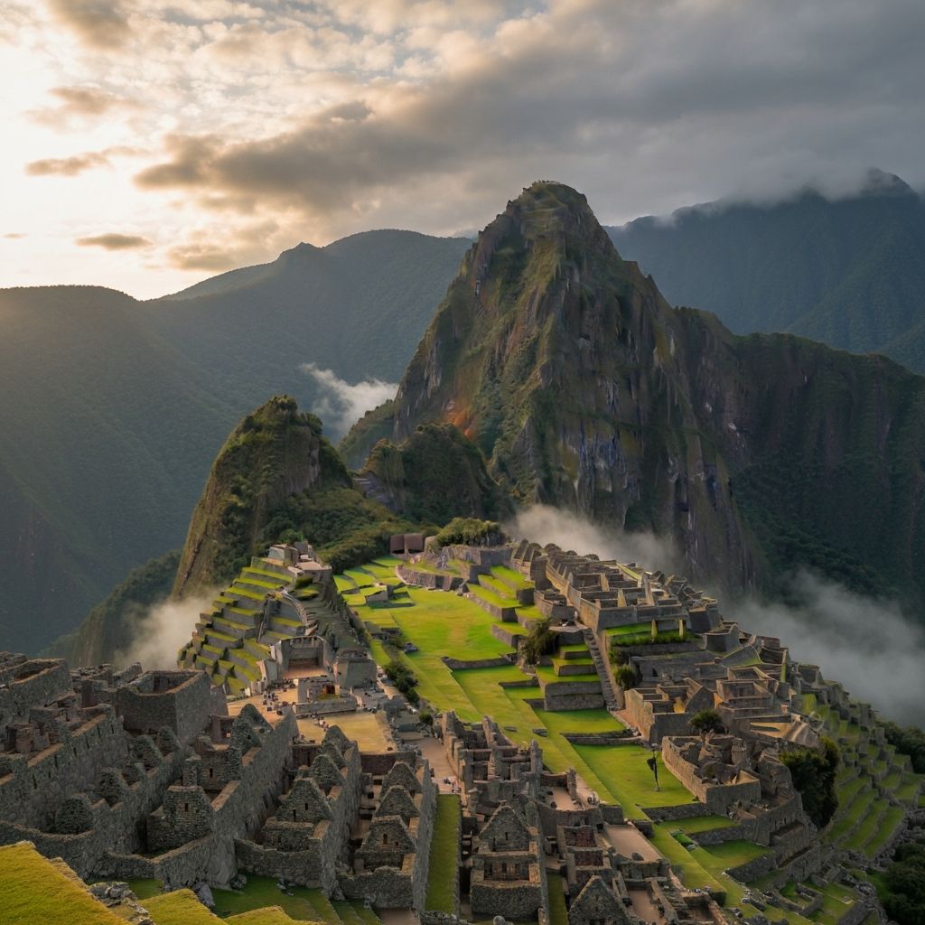 Machu Picchu at sunrise with misty mountains