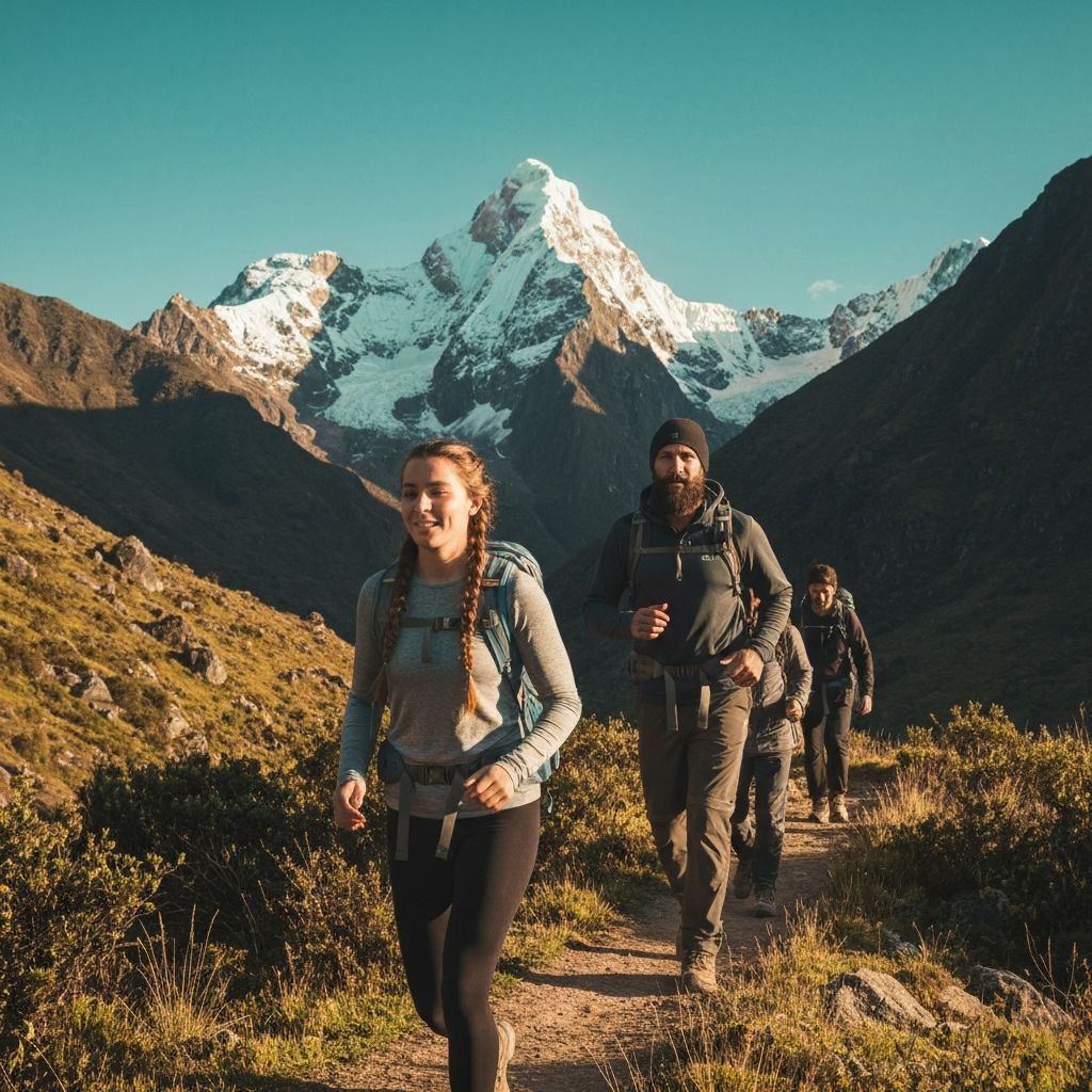 Hikers on the Salkantay trek with snow-capped mountains